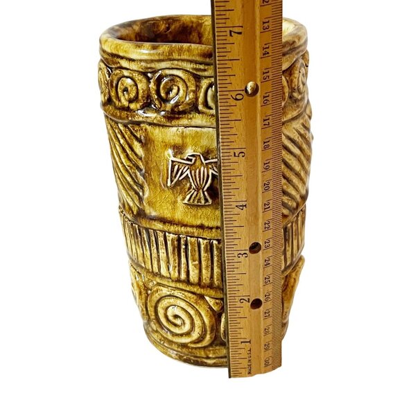 Vintage Unique Studio Art Pottery Vase Brown Glaze Fish Eagle Design Signed VLD - Picture 7 of 8